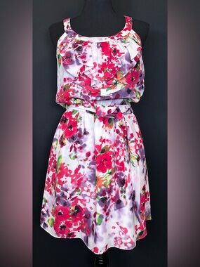 #123 - Express Floral Print Dress in Pink, Green & Black With Sash Around Waist